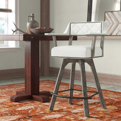 Swivel Bar Stool, 30 in Seat Height, Off-White Vinyl Seat with Gray Base