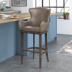 Swivel Bar Stool, 30 Inch Seat Height, Rubberwood Frame, Nailhead Trim