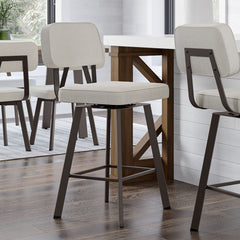 Swivel Bar Stool, Pale Gray Polyester Seat with Textured Dark Brown Steel Frame