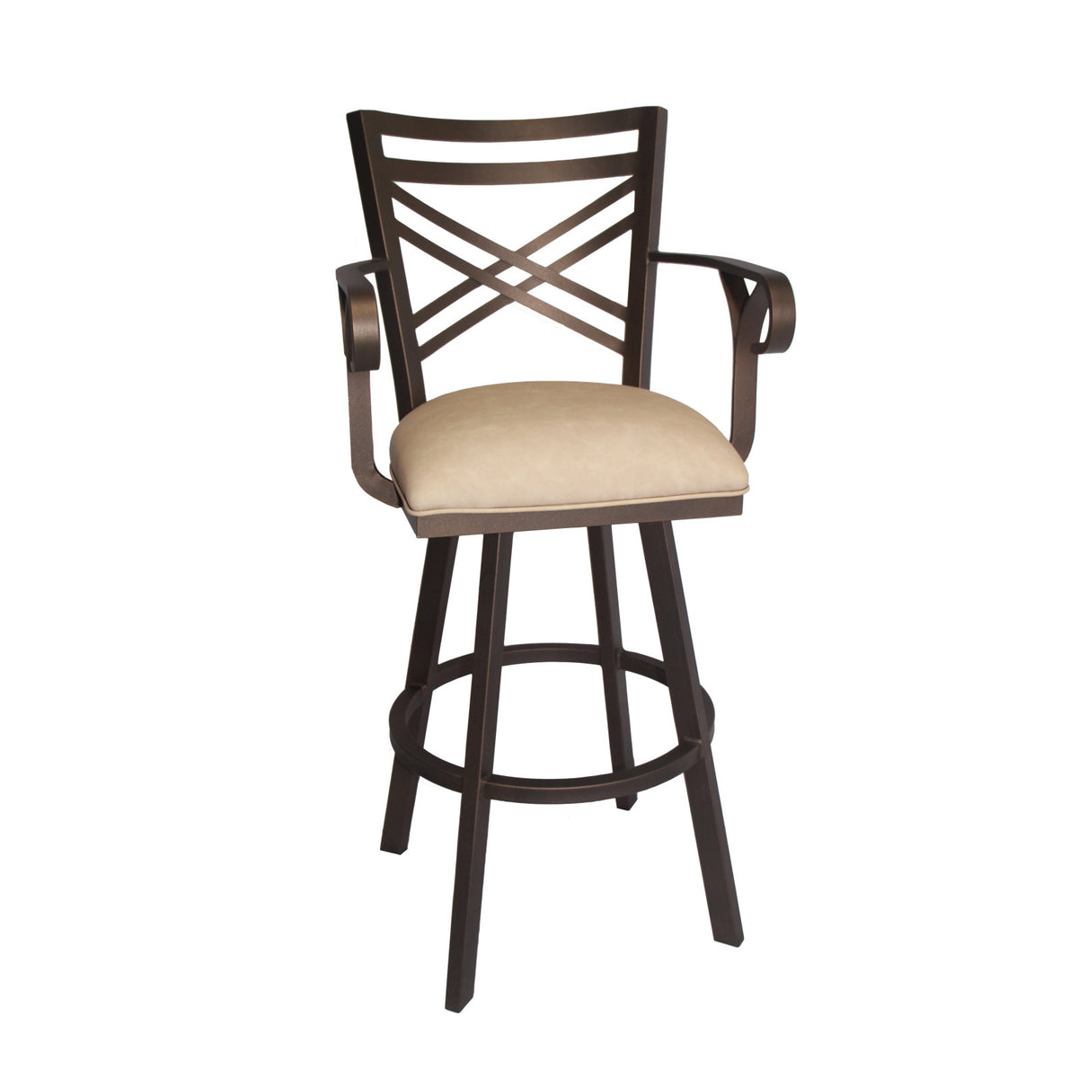 Swivel Bar Stool with Arms in Beige Faux Leather and Brown Metal Base