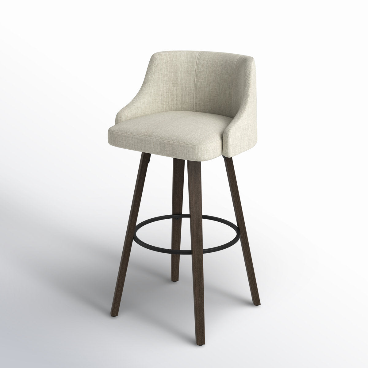 Swivel Bar Stool with Footrest in Light Gray-Beige Vinyl and Gray-Brown Wood Frame