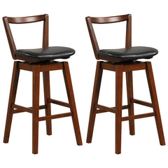 Swivel Bar Stools, Set of 2, Black Faux Leather, Brown Rubberwood Frame