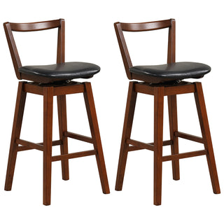 Swivel Bar Stools, Set of 2, Black Faux Leather, Brown Rubberwood Frame