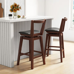 Swivel Bar Stools, Set of 2, Black Faux Leather, Brown Rubberwood Frame