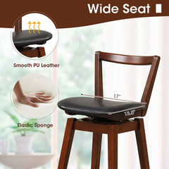 Swivel Bar Stools, Set of 2, Black Faux Leather, Brown Rubberwood Frame