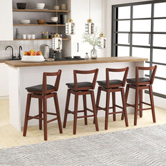 Swivel Bar Stools, Set of 2, Black Faux Leather, Brown Rubberwood Frame