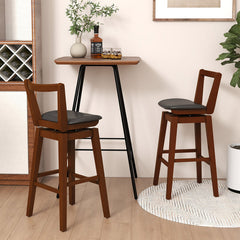 Swivel Bar Stools, Set of 2, Black Faux Leather, Brown Rubberwood Frame