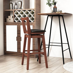 Swivel Bar Stools, Set of 2, Black Faux Leather, Brown Rubberwood Frame