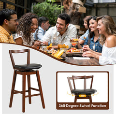Swivel Bar Stools, Set of 2, Black Faux Leather, Brown Rubberwood Frame