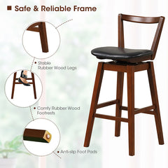 Swivel Bar Stools, Set of 2, Black Faux Leather, Brown Rubberwood Frame