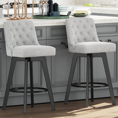 Swivel Bar Stools, Set of 2, Greige Fabric with Beech Wood Legs