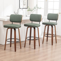 Swivel Bar Stools, Set of 3, Green Faux Leather with Wood Frame