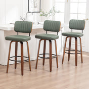 Swivel Bar Stools, Set of 3, Green Faux Leather with Wood Frame