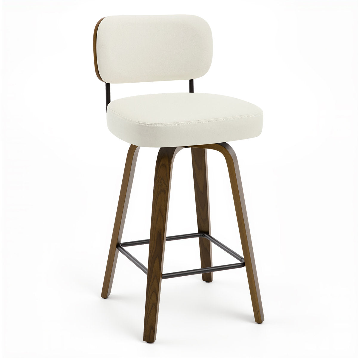 Swivel Bar Stools, Set of 3, White Faux Leather with Brown Base