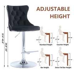 Swivel Bar Stools, Set of 4, Adjustable Height, Black Upholstery, Silver Metal Base
