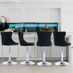 Swivel Bar Stools, Set of 4, Adjustable Height, Black Upholstery, Silver Metal Base