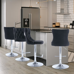 Swivel Bar Stools, Set of 4, Adjustable Height, Black Upholstery, Silver Metal Base