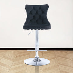 Swivel Bar Stools, Set of 4, Adjustable Height, Black Upholstery, Silver Metal Base