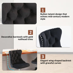 Swivel Bar Stools, Set of 4, Adjustable Height, Black Upholstery, Silver Metal Base