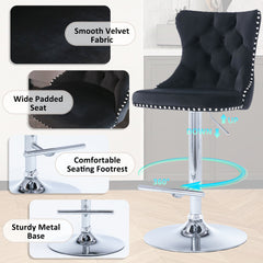 Swivel Bar Stools, Set of 4, Adjustable Height, Black Upholstery, Silver Metal Base
