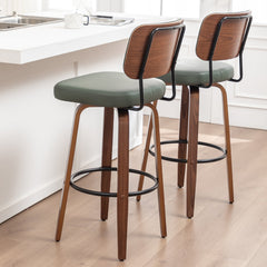 Swivel Bar Stools, Set of 4, Green Faux Leather with Wood Frame