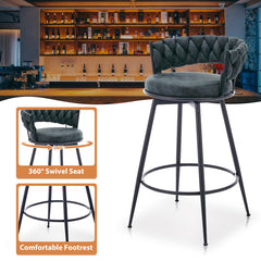 Swivel Bar Stools, Set of 6, Blue Upholstered Seat with Black Metal Base