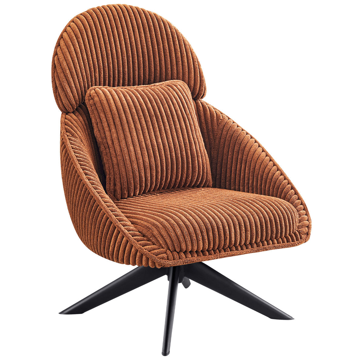 Swivel Barrel Accent Chair with Orange Corduroy Upholstery and Black Legs