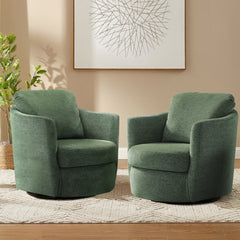 Swivel Barrel Accent Chairs, Set of 2, Green Chenille with Metal Frame
