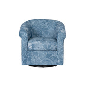 Swivel Barrel Chair, Blue and White Polyester with Brown Metal Legs