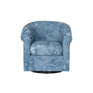 Swivel Barrel Chair, Blue and White Polyester with Brown Metal Legs
