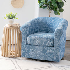 Swivel Barrel Chair, Blue and White Polyester with Brown Metal Legs