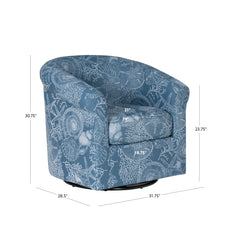 Swivel Barrel Chair, Blue and White Polyester with Brown Metal Legs