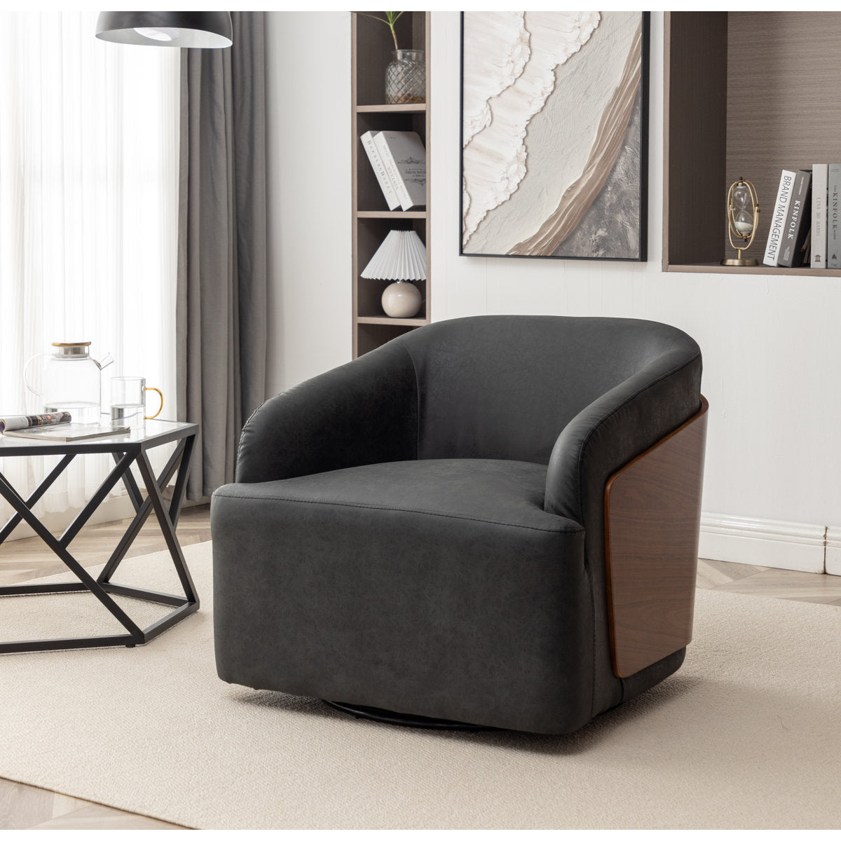 Swivel Barrel Chair in Black Faux Leather with Black Metal Base