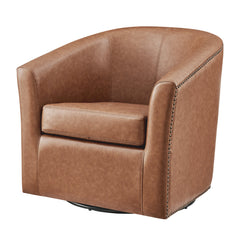 Swivel Barrel Chair in Brown Faux Leather with Gray Metal Legs