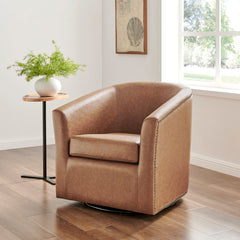 Swivel Barrel Chair in Brown Faux Leather with Gray Metal Legs