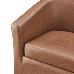 Swivel Barrel Chair in Brown Faux Leather with Gray Metal Legs