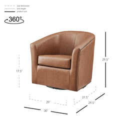 Swivel Barrel Chair in Brown Faux Leather with Gray Metal Legs