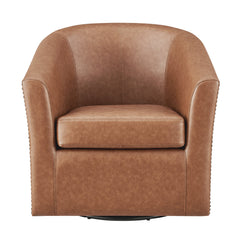 Swivel Barrel Chair in Brown Faux Leather with Gray Metal Legs