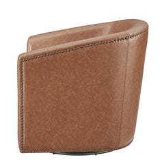 Swivel Barrel Chair in Brown Faux Leather with Gray Metal Legs