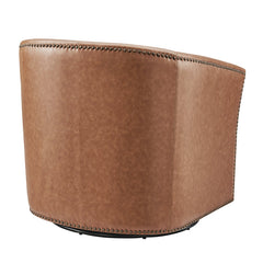 Swivel Barrel Chair in Brown Faux Leather with Gray Metal Legs