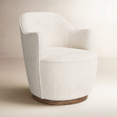Swivel Barrel Chair in Natural Boucle Polyester with Solid Wood Frame