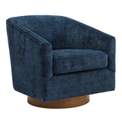 Swivel Barrel Chair in Navy Polyester with Brown Wood Legs