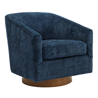 Swivel Barrel Chair in Navy Polyester with Brown Wood Legs