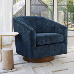 Swivel Barrel Chair in Navy Polyester with Brown Wood Legs