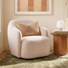 Swivel Barrel Chair with Boucle Upholstery and Black Iron Legs
