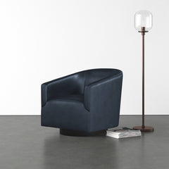 Swivel Barrel Chair with Solid Wood Frame in Midnight Blue Faux Leather