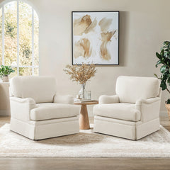 Swivel Barrel Chairs, Set of 2, Beige Linen with Solid Wood Frame