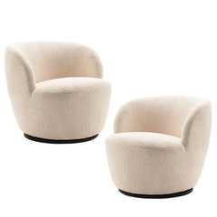 Swivel Barrel Chairs, Set of 2, Boucle with Black Metal Legs