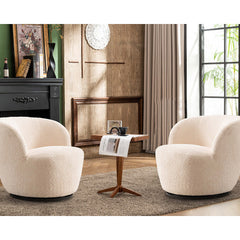 Swivel Barrel Chairs, Set of 2, Boucle with Black Metal Legs