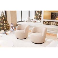 Swivel Barrel Chairs, Set of 2, Boucle with Black Metal Legs
